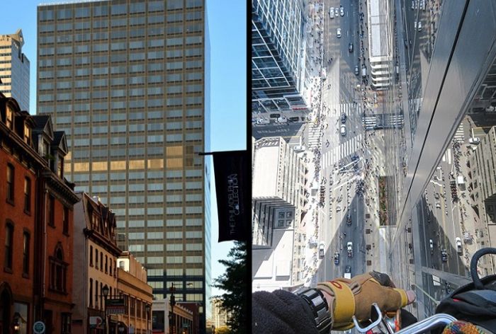 Structural Engineer | Facade Restoration | 2000 Market Street | Philadelphia, PA | Side-by-side: one shot of entire building, other shot of street from worker scaling building | O’Donnell & Naccarato