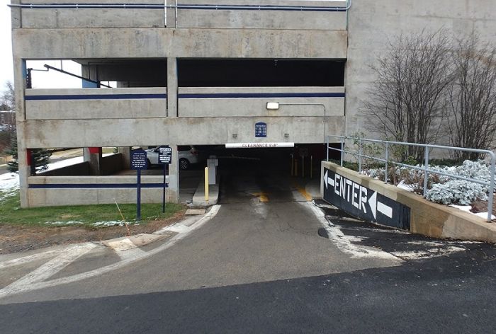 Structural Engineer | Facade Restoration | Holy Redeemer Visitor's Garage | Meadowbrook, PA | Wide shot of entrance | O’Donnell & Naccarato