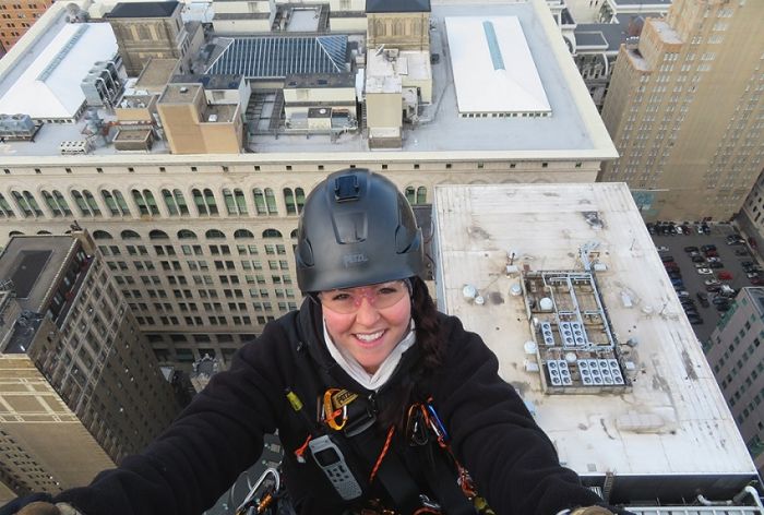 Structural Engineer | Facade Restoration | Loews Philadelphia | Philadelphia, PA | Shot of worker from rooftop | O’Donnell & Naccarato